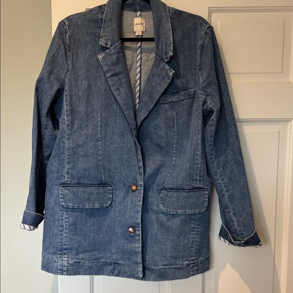 Maeve Anthropologie Denim Stretch Long Blazer Jacket NWOT Beautiful Large